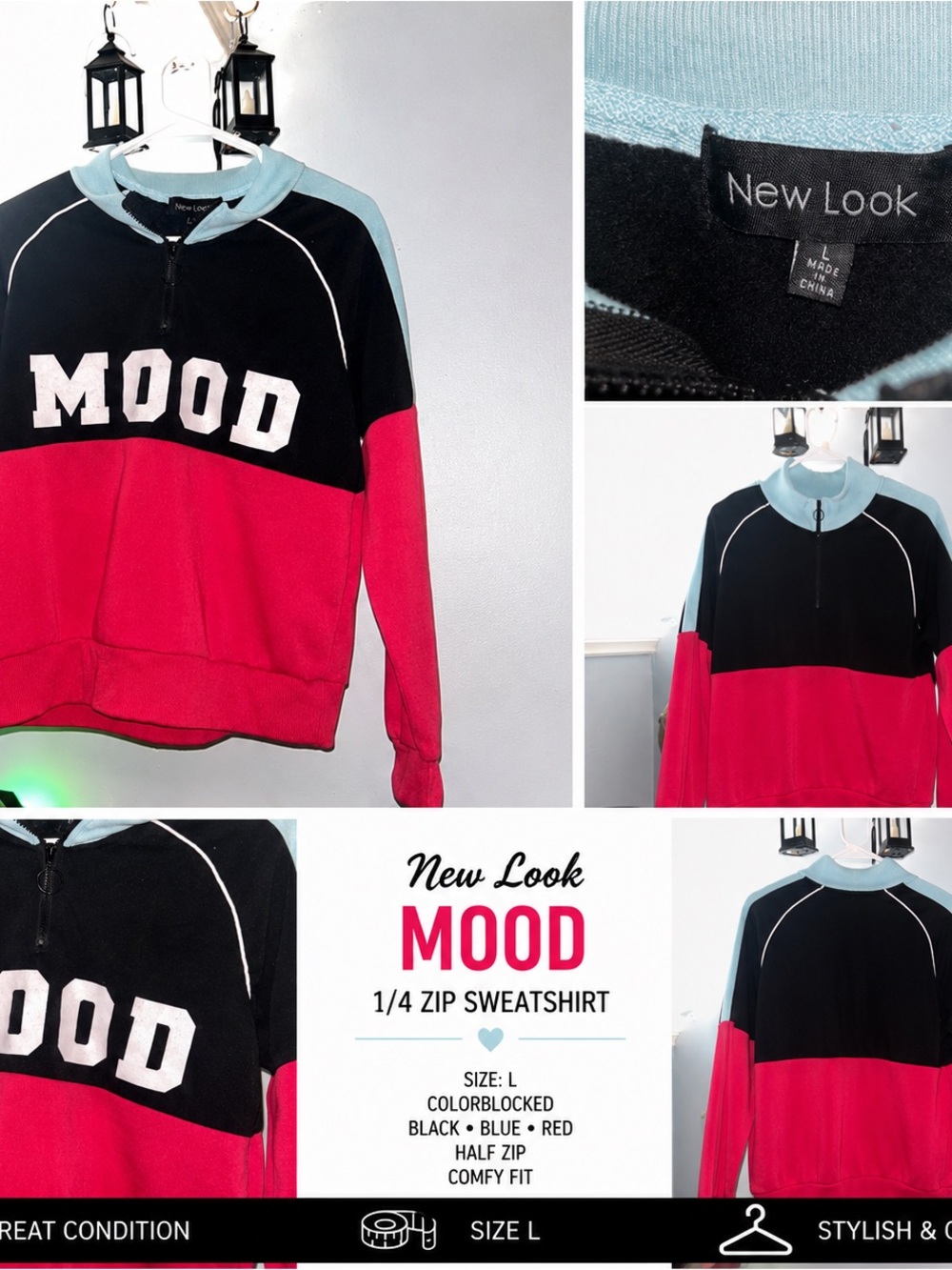 New Look/Colorblock/‘MOOD' Varsity Pullover Jacket - Black, Blue & Red